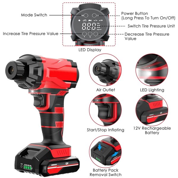1Pc 150PSI Cordless Car Tire Inflator Rechargeable  2V Portable Electric Air Compressor With LED Light For Car Bike Motorcycle Ball - Image 10