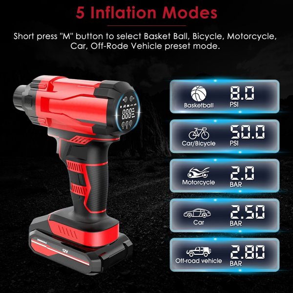 1Pc 150PSI Cordless Car Tire Inflator Rechargeable  2V Portable Electric Air Compressor With LED Light For Car Bike Motorcycle Ball - Image 3