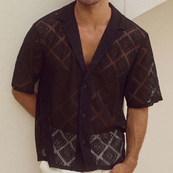 Fashion Mens Clothing Men's Hollow-out Breathable Short-sleeved Lapel Casual Shirt - Image 2