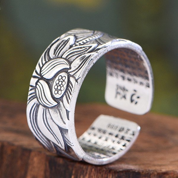 Buddhism Jewelry Like Vintage And Old Real Silver Plated Prajna Paramita Heart Sutra Lotus Ring - Image 3