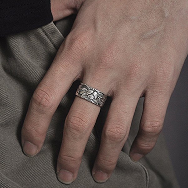 Buddhism Jewelry Like Vintage And Old Real Silver Plated Prajna Paramita Heart Sutra Lotus Ring - Image 5