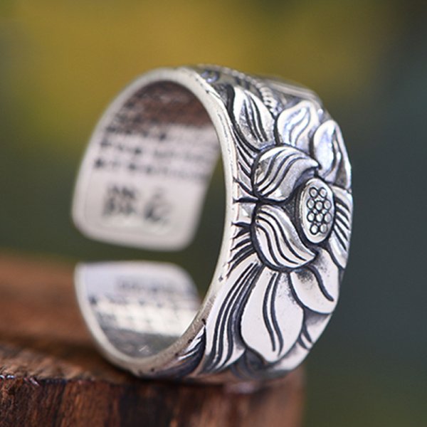 Buddhism Jewelry Like Vintage And Old Real Silver Plated Prajna Paramita Heart Sutra Lotus Ring - Image 4