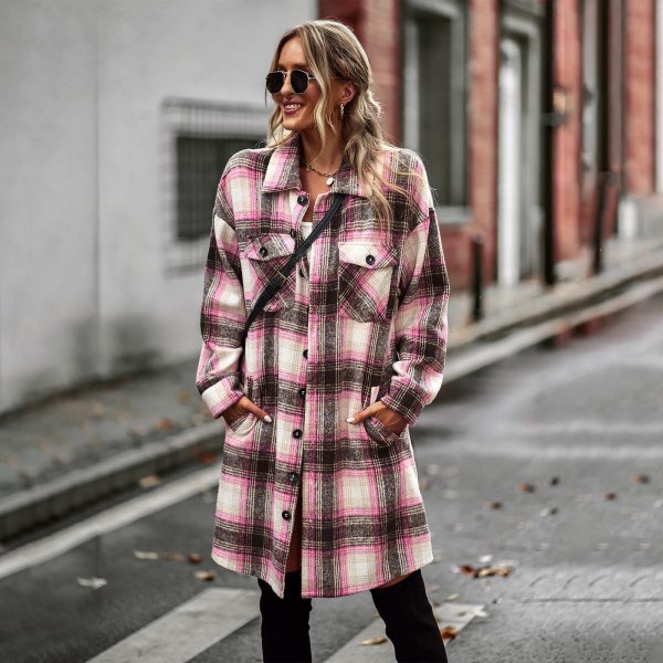 Temperament Leisure Long Plaid Tup Cardigan Coat - Image 8