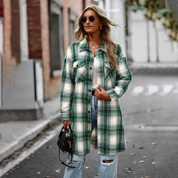 Temperament Leisure Long Plaid Tup Cardigan Coat - Image 10
