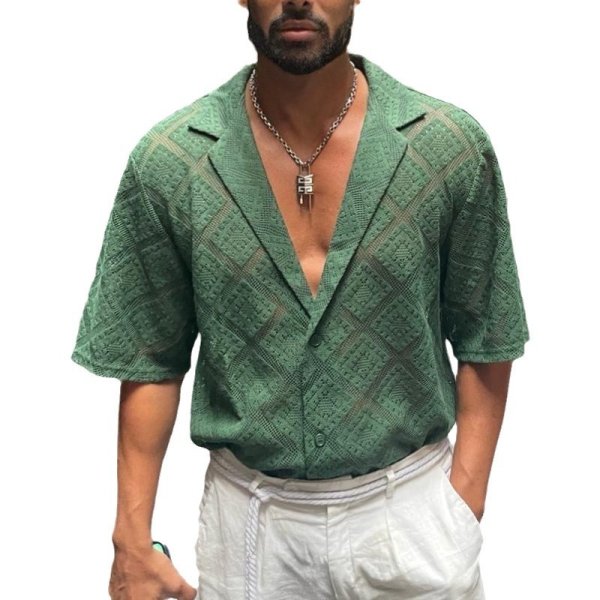 Fashion Mens Clothing Men's Hollow-out Breathable Short-sleeved Lapel Casual Shirt - Image 5