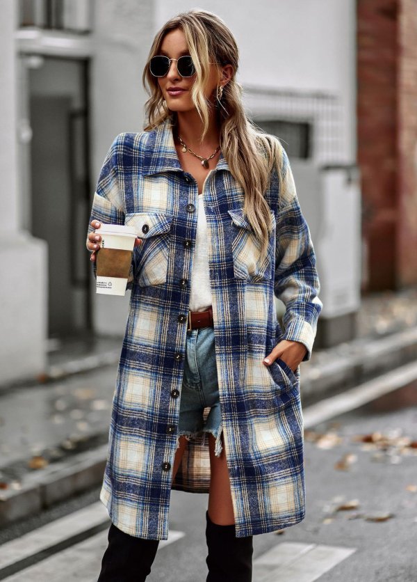 Temperament Leisure Long Plaid Tup Cardigan Coat - Image 4