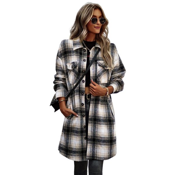 Temperament Leisure Long Plaid Tup Cardigan Coat - Image 2