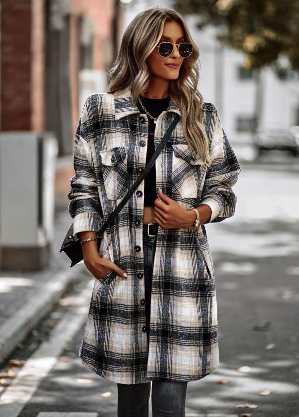 Temperament Leisure Long Plaid Tup Cardigan Coat - Image 6