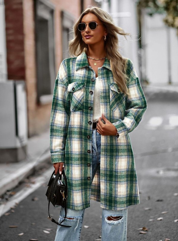Temperament Leisure Long Plaid Tup Cardigan Coat - Image 5