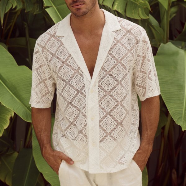 Fashion Mens Clothing Men's Hollow-out Breathable Short-sleeved Lapel Casual Shirt - Image 4
